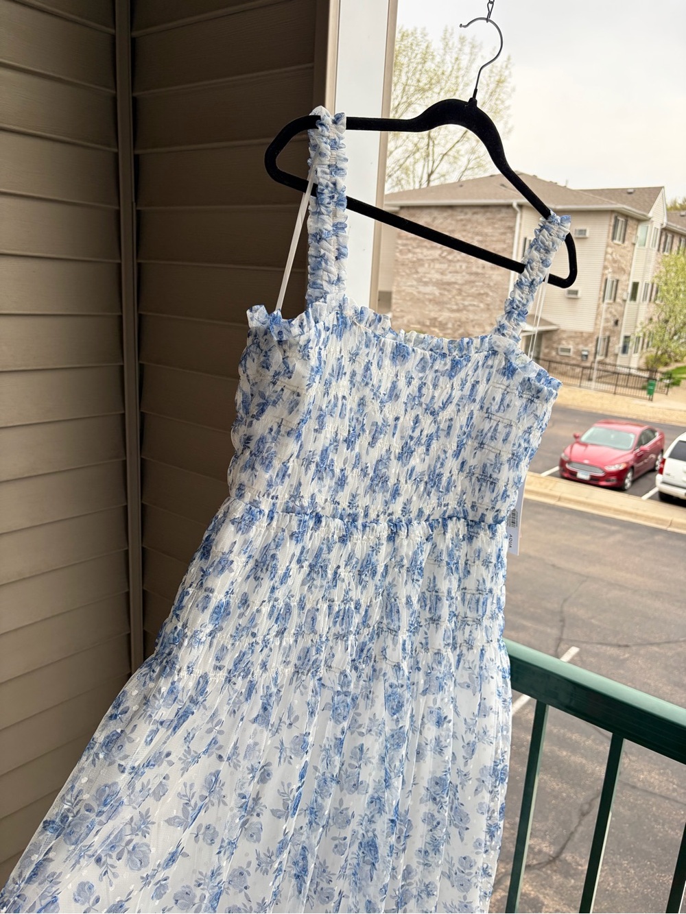 🆕🦋AQUA Blue White Floral Midi Dress Size L Bodice Tulle Overlay Cottagecore - Picture 5 of 17